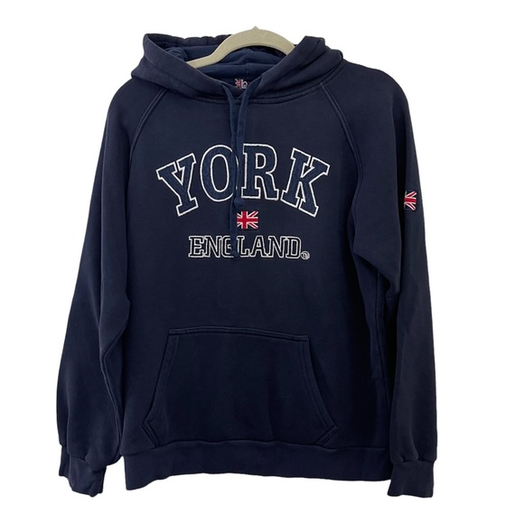 York England Spell Out Hooded Sweatshirt Kangaroo Pocket Blue Size Large - Picture 1 of 9